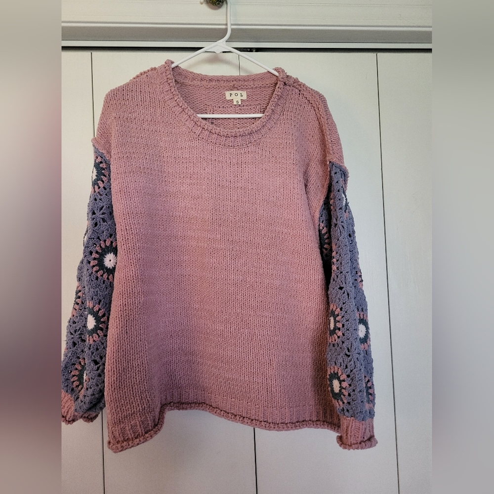 POL Dusty Pink Knit Sweater with Lavender Crochet Floral Sleeves
